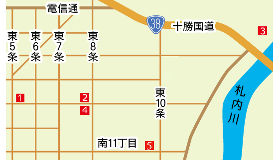 帯広市街東地図です。アクセスキーに対応しています。aの鈴木皮膚科クリニックからfの十勝いたみのクリニック くび・かた・こし・ひざ痛診療所まで、下段の表に合わせてアルファベットで詳細にジャンプできます