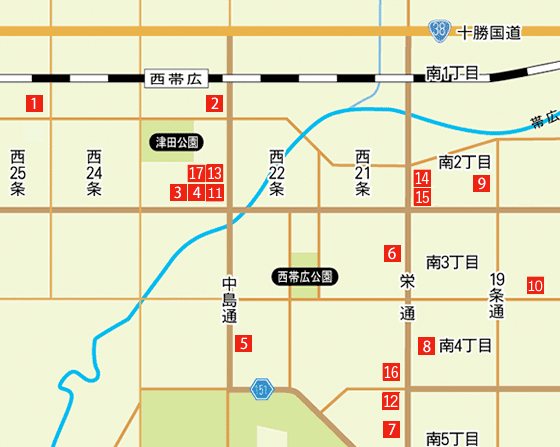 西帯広周辺地図です。アクセスキーに対応しています。aの福井小児科医院からvのとかち消化器内視鏡クリニックまで、下段の表に合わせてアルファベットで詳細にジャンプできます