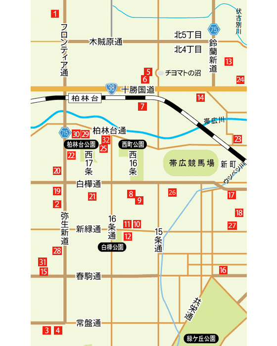 柏林台駅周辺地図です。アクセスキーに対応しています。aの国立病院機構帯広病院から2の小林医院まで、下段の表に合わせてアルファベットで詳細にジャンプできます
